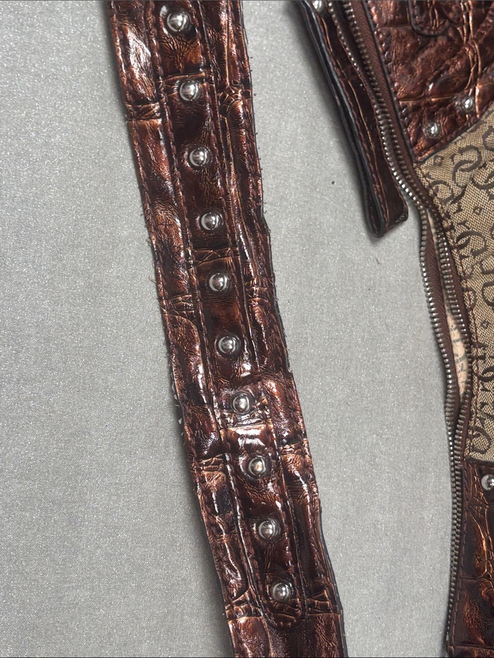Guess Monogram Canvas Hobo Shoulder Bag Brown Metallic Trim Studded - Picture 11 of 14
